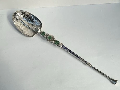 Large Antique Silver & Enamel Anointing Spoon by Hukin & Heath, 23cms - 71gms.