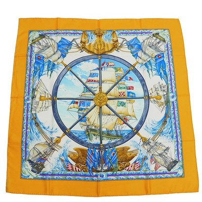 HERMES Scarf Carr 90 Pattern Used Vive le ven Wind Blow Yellow Silk Helm Ship Ye