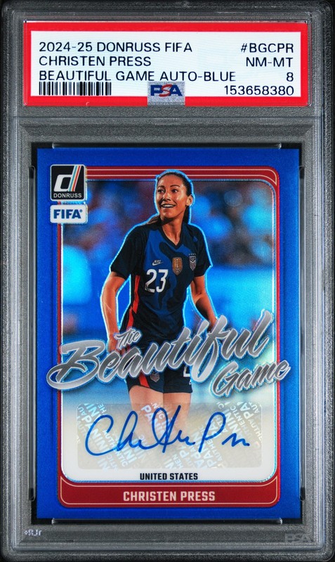 2024-25 DONRUSS FIFA THE BEAUTIFUL GAME AUTO BLUE CHRISTEN PRESS 35/99 PSA 8