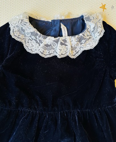 Janie and Jack Girls Size 5 Dark Marine Navy Velvet Lace Trim Short Sleeve Dress - Picture 5 of 10
