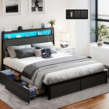 Bed Frame with LED Lighted Headboard and 4 Storage Drawers Charging Station