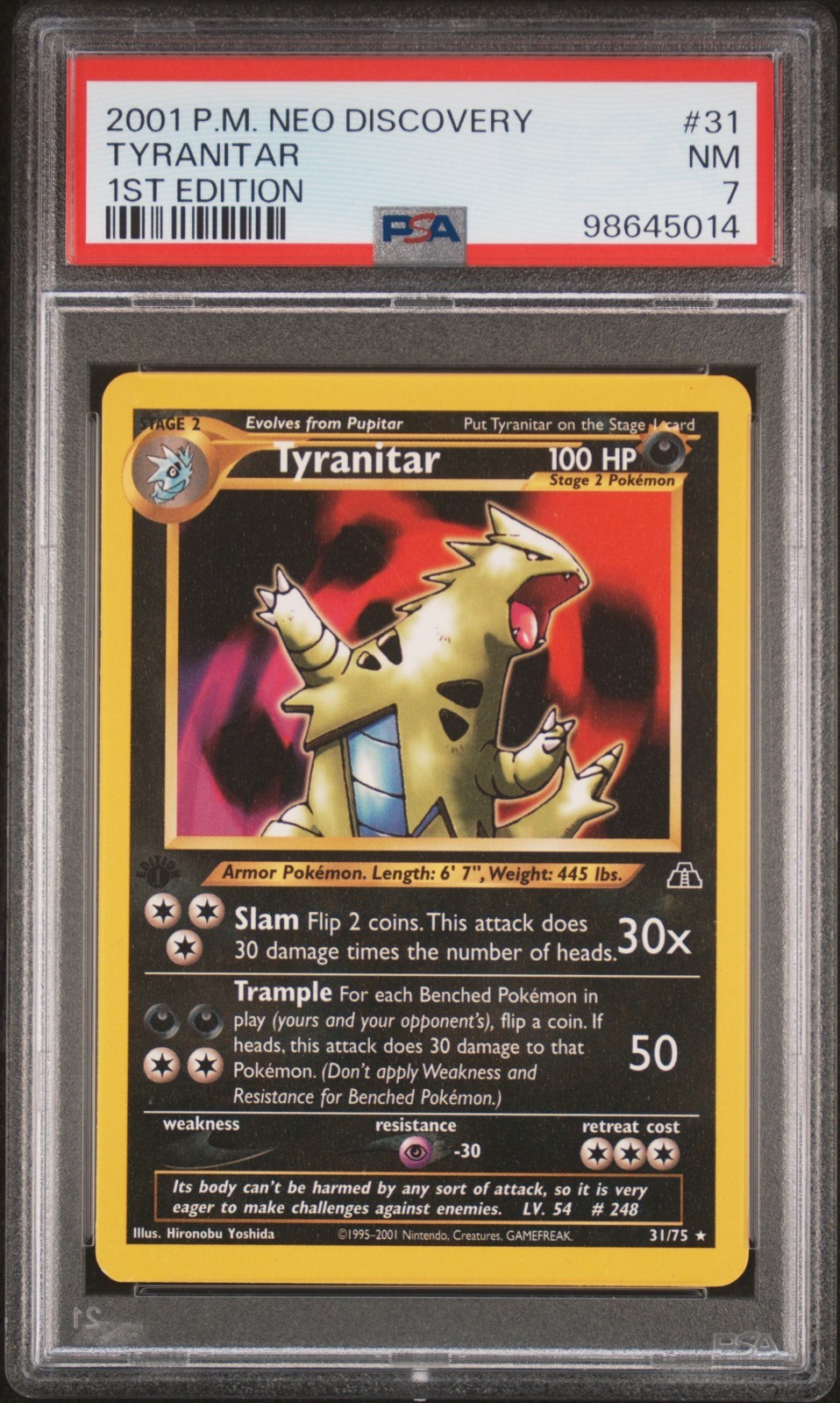 PSA 7 Tyranitar 31/74 1st Edition Neo Discovery 2001 Pokemon Card