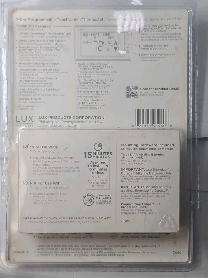 Lux TX9600TS 7-day Touch Screen Programmable Thermostat - White - Image 4 of 4