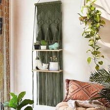 Hanging Shelf Macrame Wall Hanging Green Boho Shelfs with Tassels 2 Tier Green1