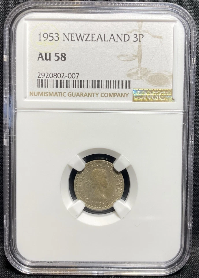 NUEVA ZELANDA 1953 Isabel II Coronación 3p Tres Peniques Gran Bretaña NGC AU58 Foto 3 de 4