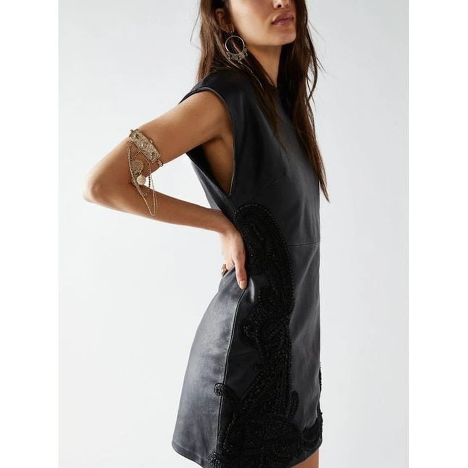 New FREE PEOPLE City Slicker Leather Mini Dress $698 SIZE 10 Black  - Image 4 of 4