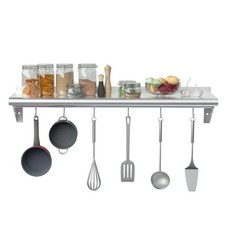 Stainless Steel Shelf with 6 Hooks 14 x 48 Inches, Commercial Wall Mount Floa...