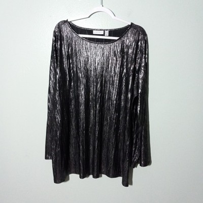 Susan Graver Blouse Top size 2X Metallic Silver Black Crinkle Knit Holiday Party