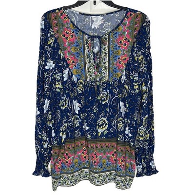 Brown Coco Plus Size 3XL Tie Front Bohemian Blue Floral Peasant Style Tunic Top