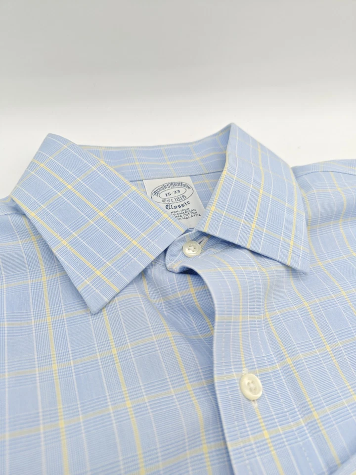 🇺🇲 Camisa de vestir Brooks Brothers clásica para hombre 15x33 azul amarillo a cuadros sin planchar Foto 4 de 4