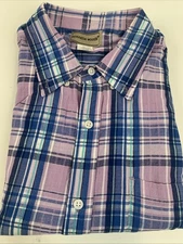 Scandia Woods Shirt Mens Large Blue Pink Plaid Button Down Short Sleeve Cotton