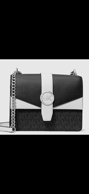 Michael Kors Black/White Logo Small Crossbody Snap Silver Chain Detachable