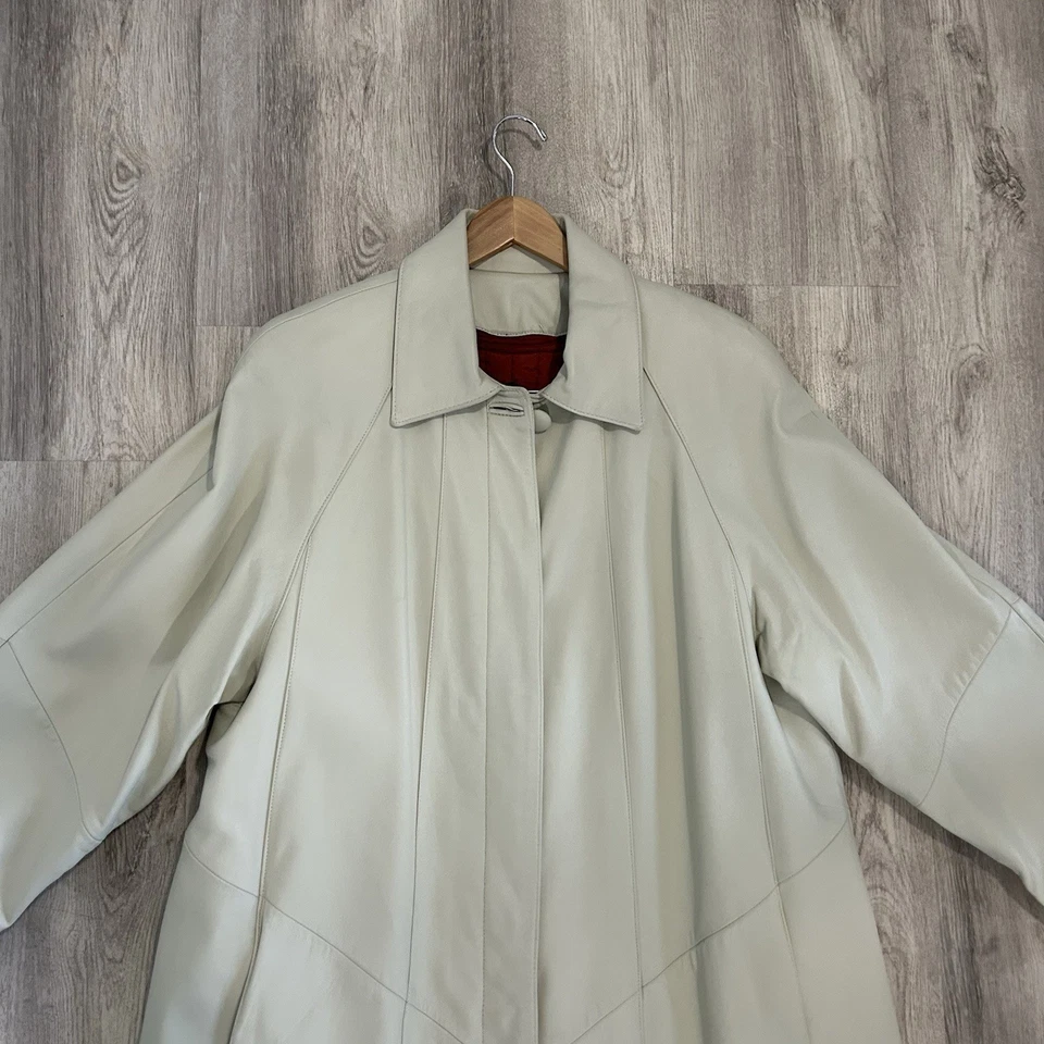 Vintage Tibor White Leather Trench Coat Womens XL Ivory long city Old Money - Image 2 of 4
