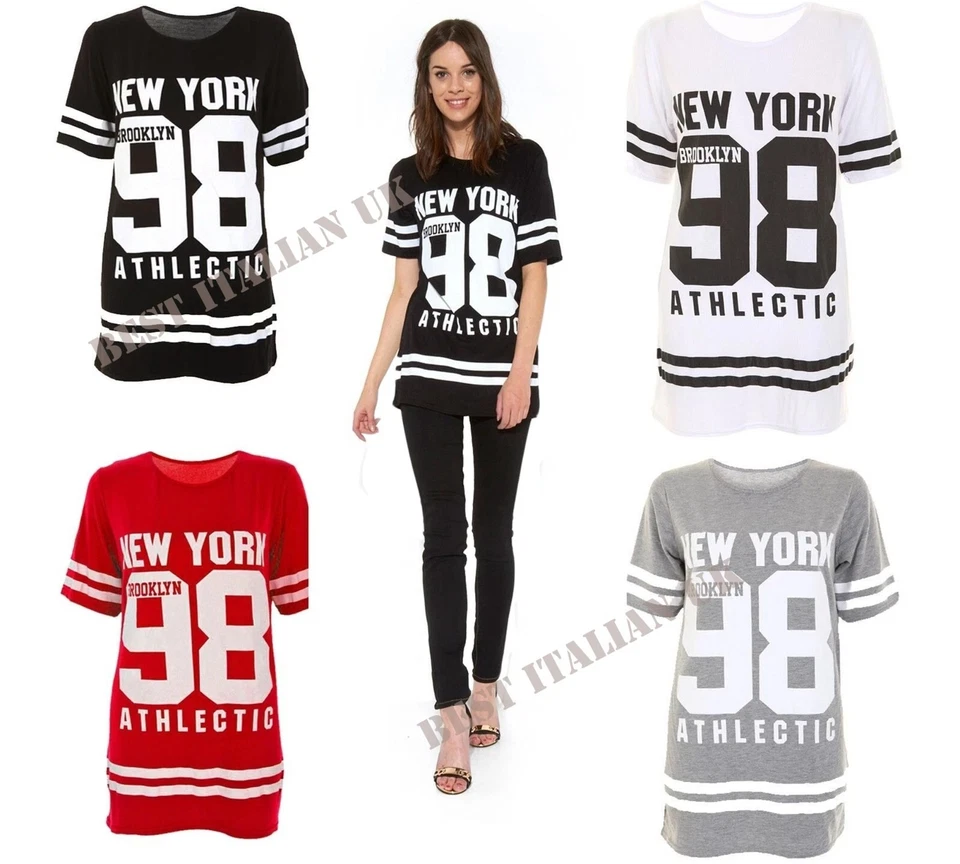 Womens Ladies USA American Varsity Oversize Baggy T Shirt Top PLUS SIZE 8 TO 14