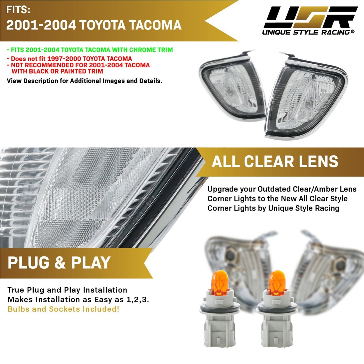 DEPO Clear Front Corner Signal Lights – Pair For 2001-2004 Toyota Tacoma, Chrome Housing