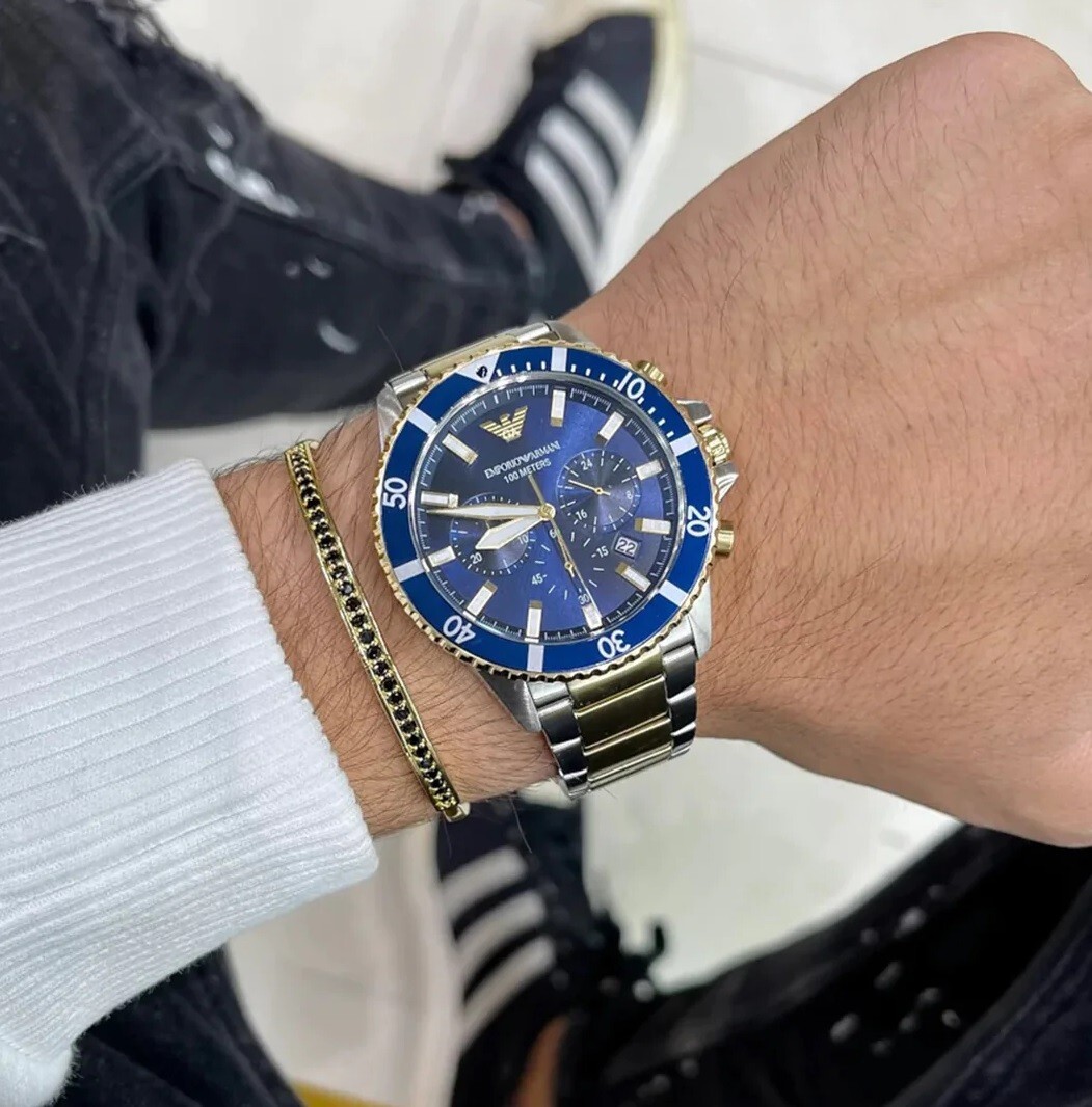 NEW EMPORIO ARMANI MENS WATCH STEEL BLUE DIAL & TWO TONE BRACELET