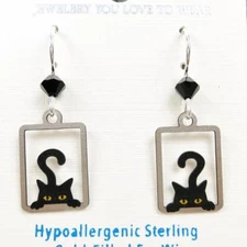 Sienna Sky Earrings Sterling Silver Hook Peek A Boo Black Cat in Rectangle 2036