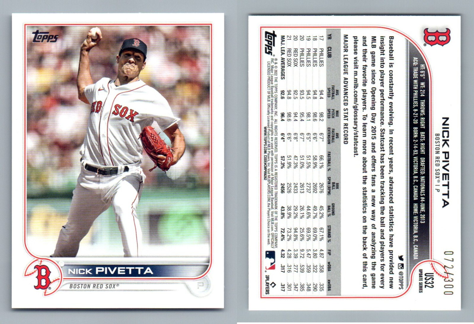 2022 TOPPS ADVANCED STATS 72/300 PARALLEL US32 NICK PIVETTA RED SOX