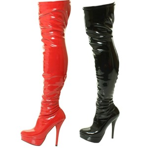 red vinyl thigh high boots