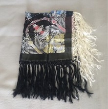 Vintage WWll Taj Mahal Silk Satin Piano Shawl Scarf Fringes Brocade Woven 32x32