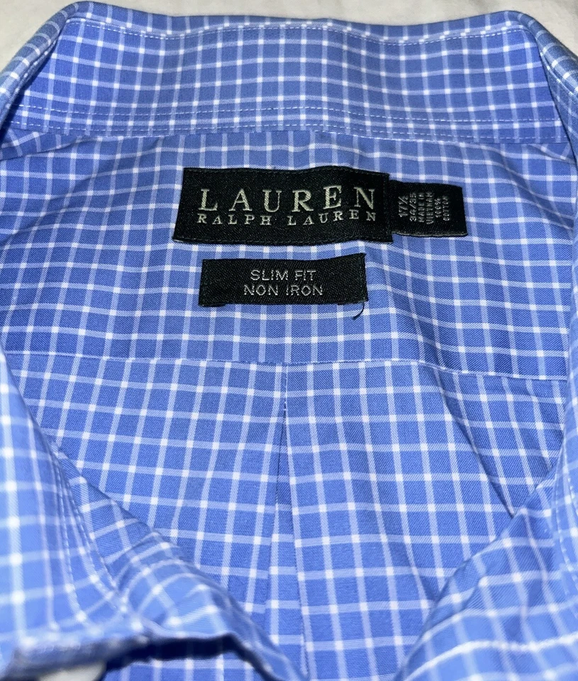Camisa de vestir a cuadros azul Lauren Ralph Lauren etiqueta verde para hombre 17,5/34-35 calce ajustado Foto 3 de 4