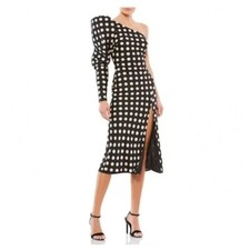 NWT IEENA for MAC DUGGAL Women One Sleeve Midi Polka Dot Dress Cream Black 14
