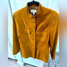 Talbots Suede Leather Long Jacket Button Front Cognac Brown Size 8
