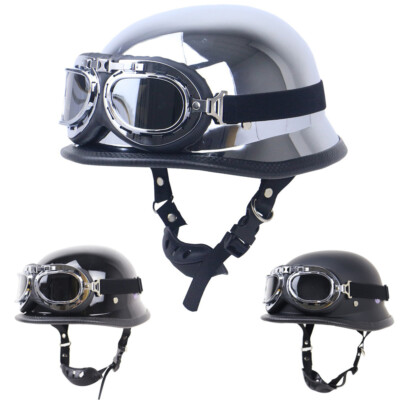 DOT German Motorcycle Half Helmet with Goggles Skull Cap Scooter Chopper Helmet
