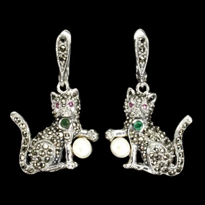 925 Sterlingsilber Ohrringe Runde Smaragd Rubin Perle Marcasit Katze Edelstein - Bild 1 von 4