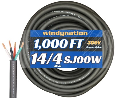WindyNation 14/4 14 AWG 4 Conductor SJOOW Cable Cord Wire 300V Portable Power