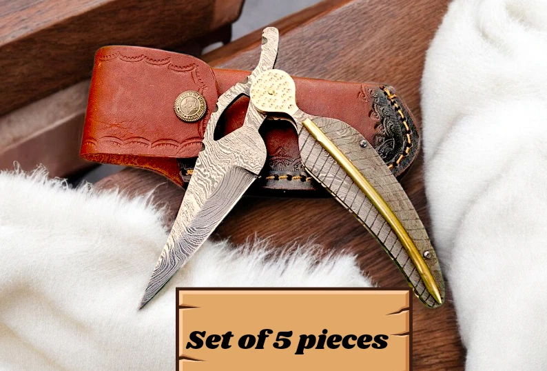 Klappmesser Damaststahl Feather Style manuell öffnen Taschenmesser 5er Set - Bild 2 von 4