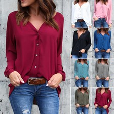 Women Chiffon V-collar Pleated Buttoned Long Sleeve Loose Tops Trim Blouse Shirt