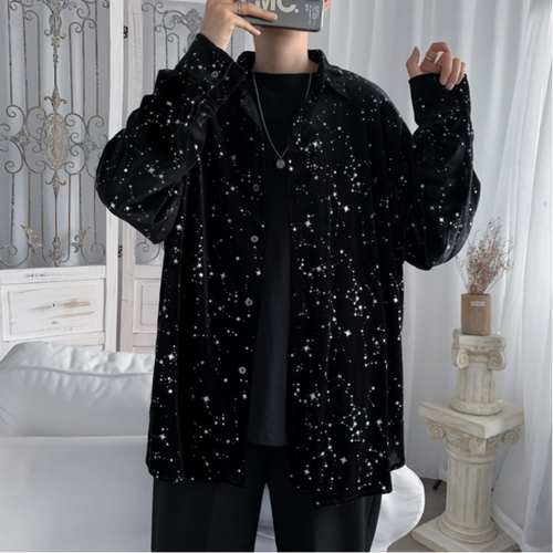 Men Velvet Shirts Blouse Tops Retro Casual Star Gothic Punk Black Party Stage - Picture 5 of 8