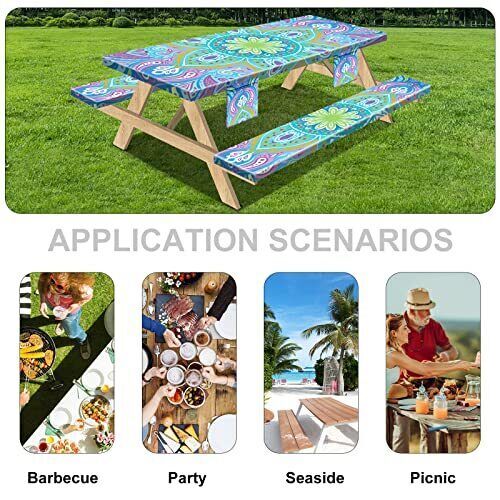 Picnic Table Cover with Bench Covers, 3-Piece Set Vinyl Elastic Fitted
