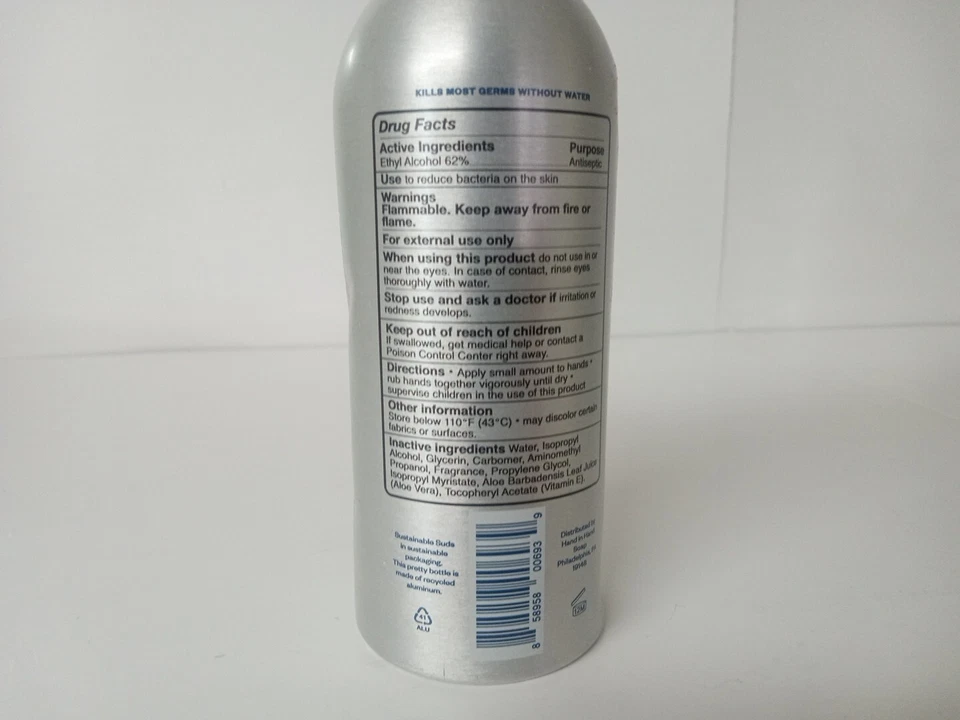 QTY:1 NEW 10 oz Hand in Hand, Hand Santizer W/ Aloe & Dye Free Gel Vegan - Image 2 of 3