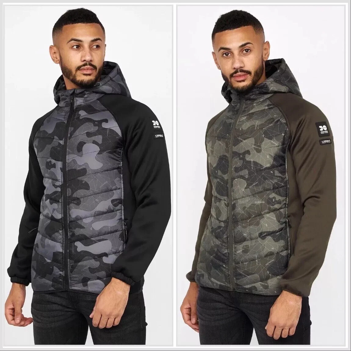Men’s Crosshatch Jacket - Black  Camo Camouflage, Khaki Camo. Polyester Hooded - Picture 1 of 6