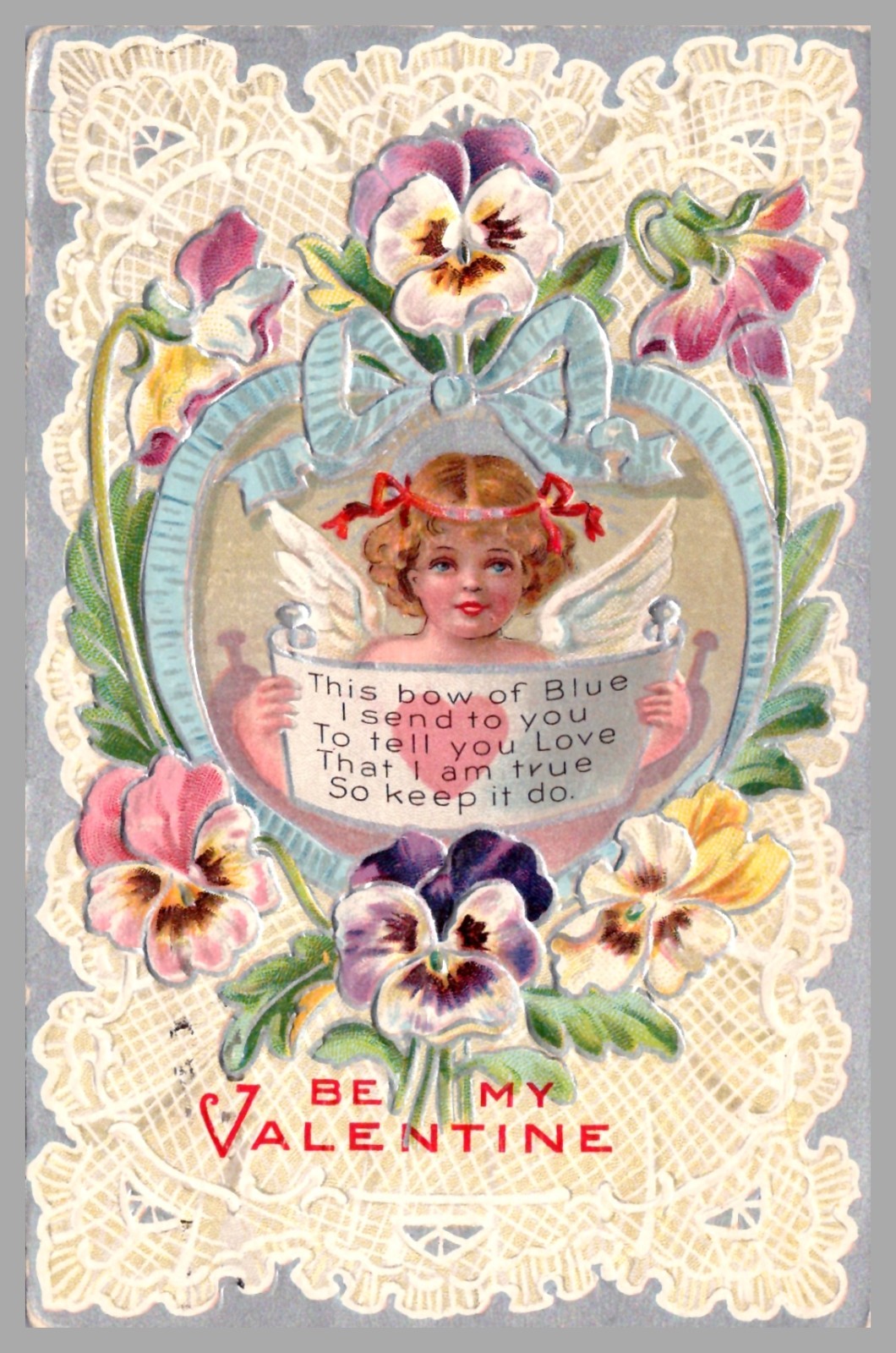 Be My Valentine Angel With Pansies Lace Heavily Embossed DB c1910 Postcard