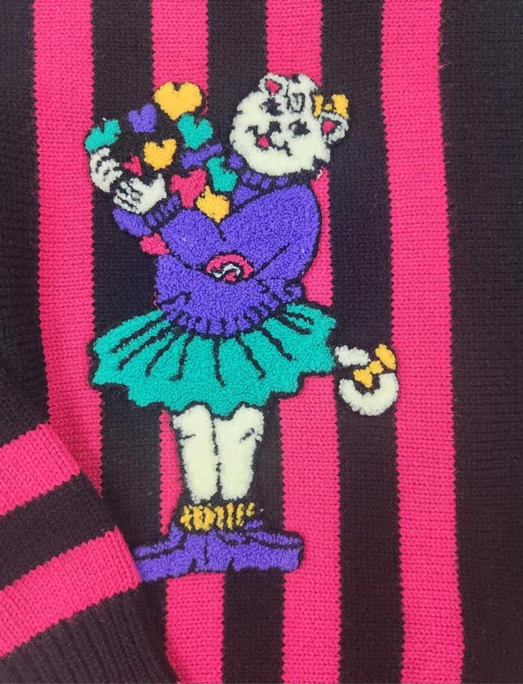 Suéter Gráfico Gato Negro y Rosa Caliente Años 80/90 De Colección - Pullover Tejido A Rayas Foto 4 de 4