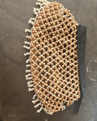 Cleobella Beaded Wristlet Clutch Beige Black Zip Closure Lined Gold Hardware