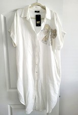 NEW Made in Italy White Linen Shirt Dress | Sequin Bow Embellished Tunic OS
