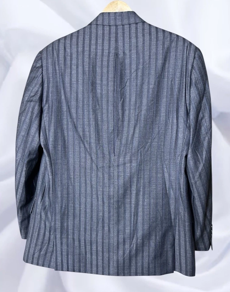 Traje de 3 piezas Steve Harvey Collection 40R gris con rayas azules Super 120s lana merino Foto 3 de 4
