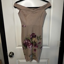 Charlotte Russe Taupe Floral Off-Shoulder Bodycon Dress | XS