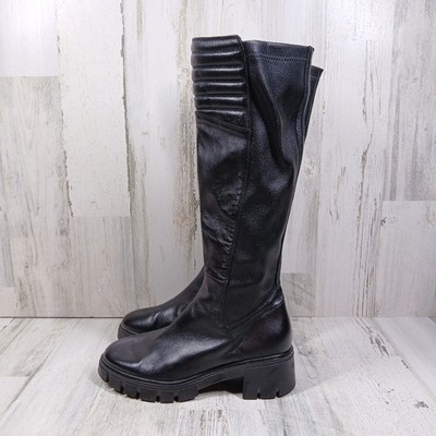 Ron White Knee High Boots Women 37 Black Leather Quilted Moto Lug Sole Platform