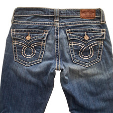 VTG Big Star Liv Blue Jeans Womens 32x32 Bootcut Low Rise Bright Stitch Painted
