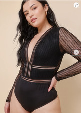 Body Lulu's Casita Negro Encaje Transparente Manga Larga Talla Pequeña