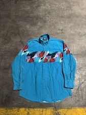 Vintage 90  s Roper Western Button Up Long Sleeve Shirt Teal  Abstract  Men  s XL