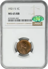 1921-S Lincoln Cent 1c MS65RB NGC CAC 950504-1