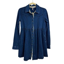 Vintage Y2K Free People Chambray Snap Mini Dress Sz S Pockets Denim Jean Empire