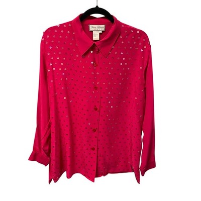 Vintage Diane Gilman Pure Silk Sequin Button Up Top Pink Womens 1X AS IS