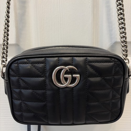 Gucci Marmont GG Mini Black Leather Crossbody Shoulder Bag Handbag Purse silver